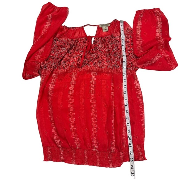 Lucky Brand Women Orange Floral Aztec Long Sleeve Peasant Top Sz M Boho Coverup - Picture 6 of 9
